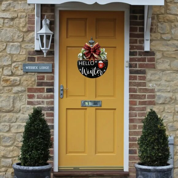 Hello Winter Front Door Hanging Sign Festive Holiday Bow Decor Wood Wreath 11.8" - Picture 4 of 5